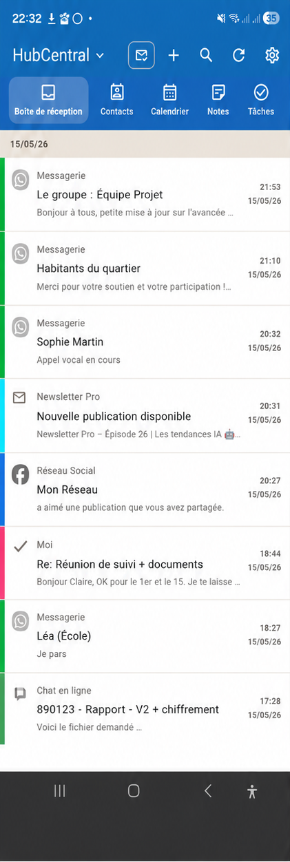 HubCentral mobile — boîte unifiée